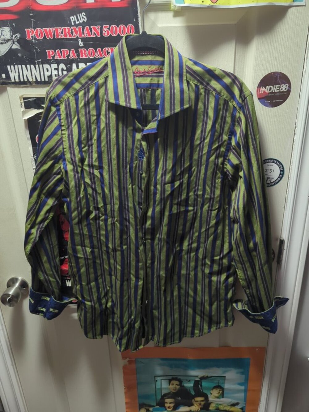 Robert Graham Men Large Striped Blue Green Button Up Shirt Embroidered Flip Cuff